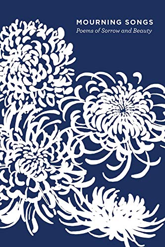 Book cover with white floral design on a dark blue background.