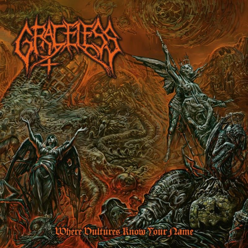 Album cover for "Graceless - Where Vultures Know" depicting dark, surreal figures.