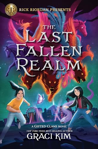 Book cover showing two girls, mythical creatures, and a city skyline at night.