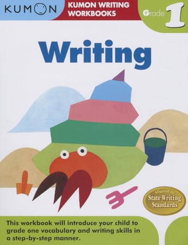 Kumon Grade 1 Writing workbook cover with colorful illustrated garden scene.