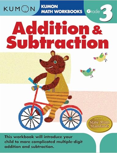 Kumon Grade 3 Addition & Subtraction workbook cover with a bear riding a bicycle.