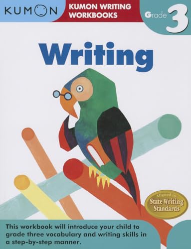 Kumon Grade 3 Writing workbook cover featuring a colorful parrot wearing glasses.