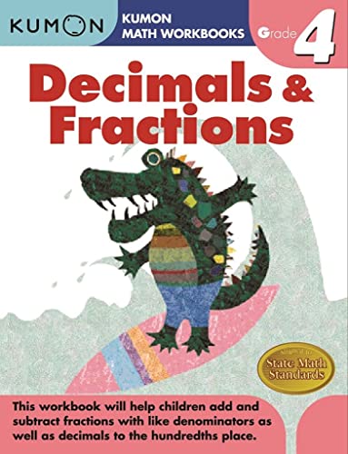 Kumon Math Workbooks Grade 4 Decimals & Fractions textbook cover with cartoon alligator.