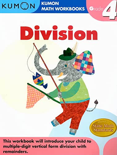 Math workbook cover with colorful grade 4 division problems and educational illustrations.