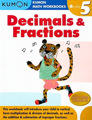 Math workbook cover with decimals and fractions concepts for fifth grade students, colorful graphics.