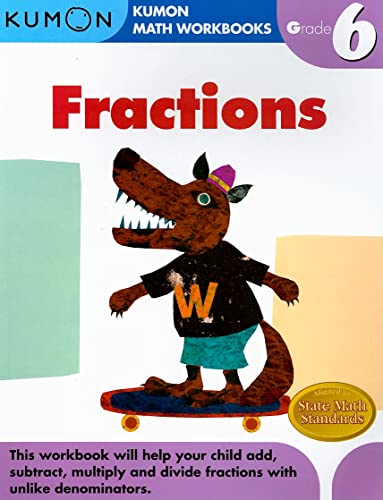 Kumon Grade 6 Fractions workbook cover featuring a wolf on a skateboard.
