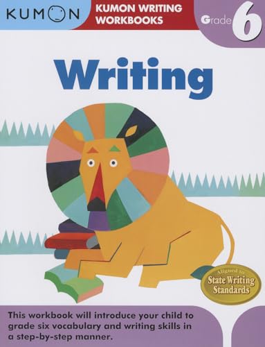 Kumon Grade 6 Writing workbook cover with a lion reading books.