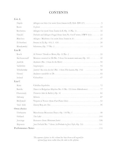 Sheet music anthology cover with contents list for Grade 8 piano, 2025-2026.