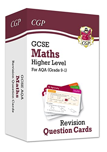 A box of CGP GCSE Maths Higher Level AQA revision question cards.