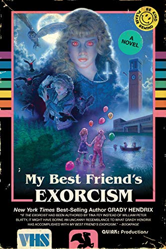 Novel cover with a possessed girl, ominous sky, and 80s aesthetic.