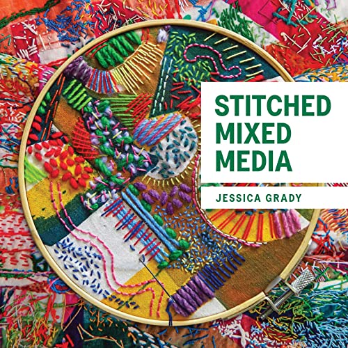 Embroidery hoop filled with colorful, textured stitching on fabric with the book title overlay.