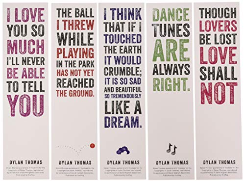 Five colorful bookmarks with quotes from Dylan Thomas’ poetry.