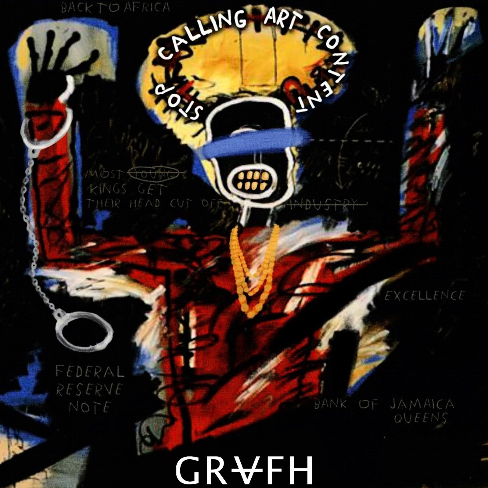 Vinyl record cover: abstract painting of a figure with a gas mask and chains.