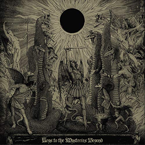 Intricate black and white illustration of a winged figure, serpents, and a black sun.