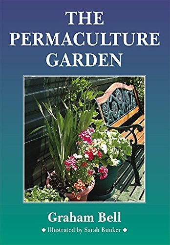 Book cover titled The Permaculture Garden featuring a garden bench and potted flowers.
