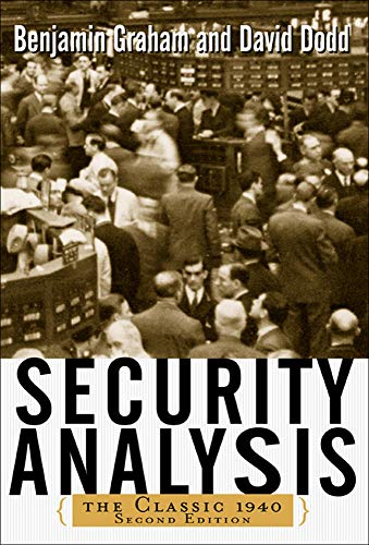Book cover: "Security Analysis" 1940 edition, showing a crowded trading floor.
