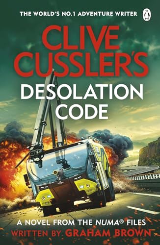Book cover for Clive Cussler’s Desolation Code featuring a rescue vehicle amidst an explosion.