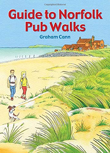Book cover: “Guide to Norfolk Pub Walks” with coastal illustration.