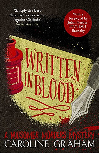 Book cover for Written in Blood featuring an inkwell, fountain pen, and red splatters.