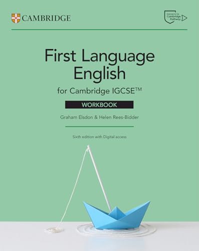 Cambridge IGCSE First Language English workbook cover with a blue paper boat illustration.