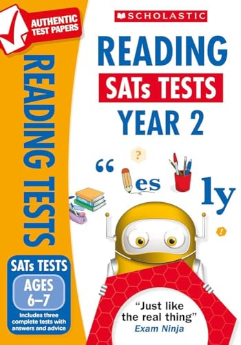 Scholastic reading tests for ages 6-7 featuring a robot and school supplies.