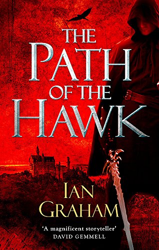 Book cover: hooded figure with sword, castle in fiery red landscape.