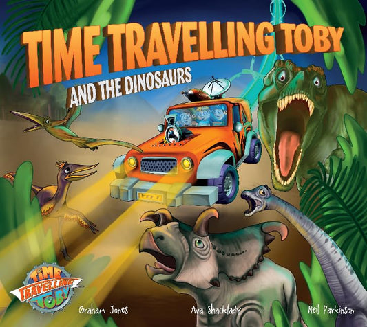 Book cover: orange car with children travels amongst colorful dinosaurs.