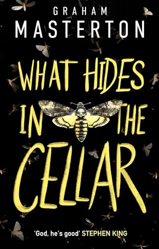 Book cover: "What Hides in the Cellar" with a large moth image.