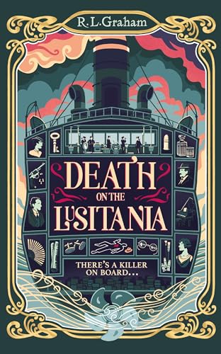 Book cover depicting a vintage ocean liner with figures and mystery objects.