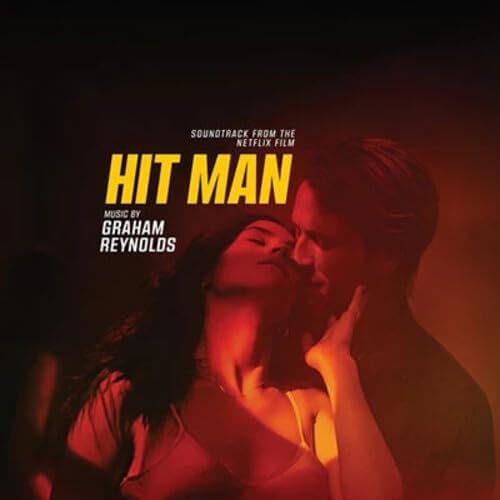 “Hit Man” soundtrack vinyl cover with a couple in a close embrace.