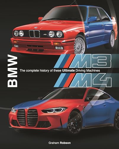 Book cover featuring a vintage red BMW M3 above a modern red BMW M4.