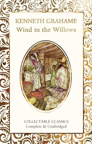 Cover of "Wind in the Willows" with illustrated animals and ornate gold design.