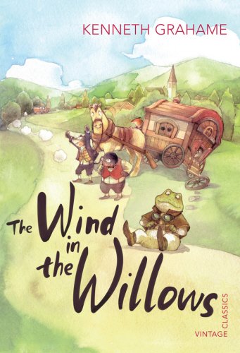 "The Wind in the Willows" book cover featuring anthropomorphic animals and a horse-drawn caravan.