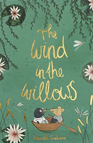 Book cover with gold text, water lilies, and a mole and rat in a boat.
