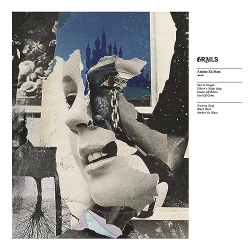 Collage art featuring a torn portrait, a castle silhouette, and a chain on white.