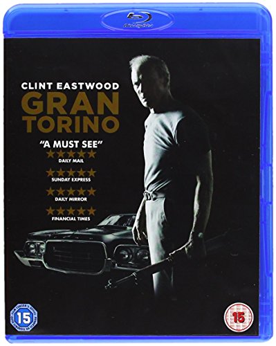 Clint Eastwood stands next to a Gran Torino car on this Gran Torino Blu-ray cover.