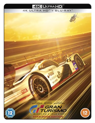 “Gran Turismo” Blu-ray cover featuring a white racing car speeding on a track.