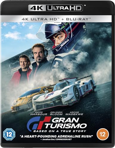 Gran Turismo" Blu-ray cover featuring racing, actors, and a PlayStation logo.
