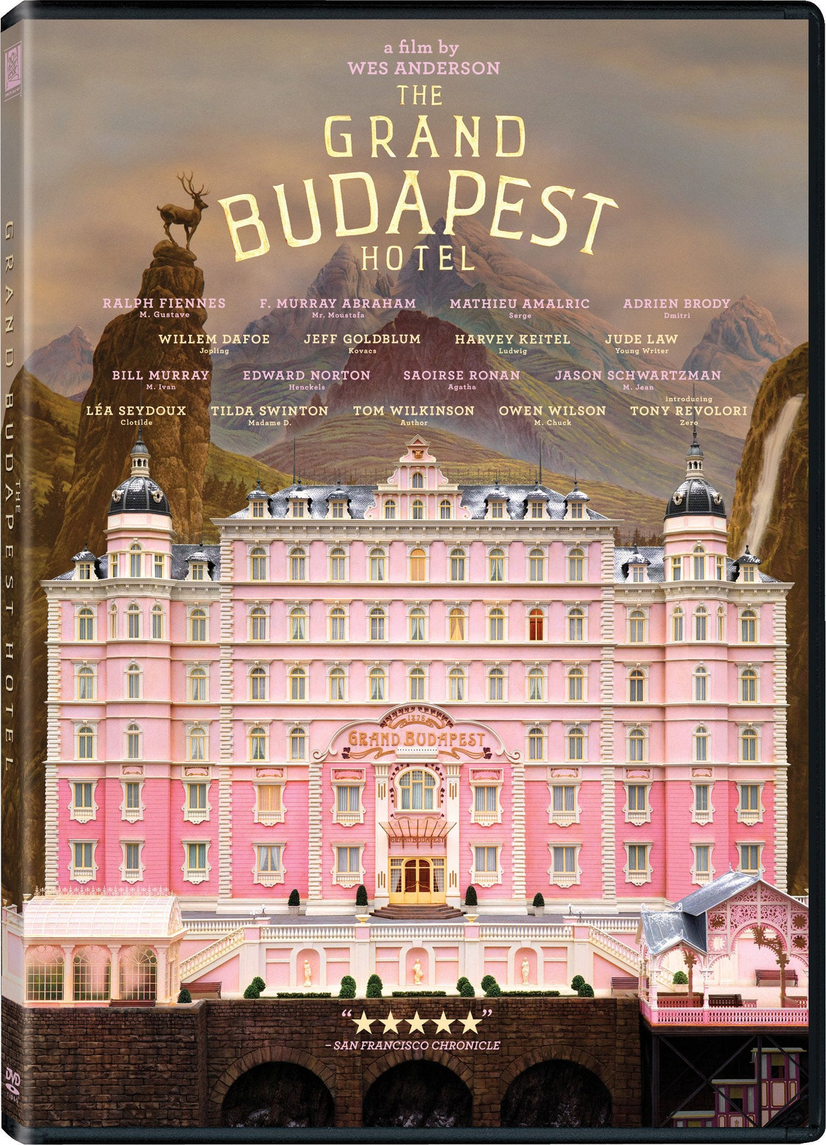 DVD cover for "The Grand Budapest Hotel" featuring a pink hotel illustration.
