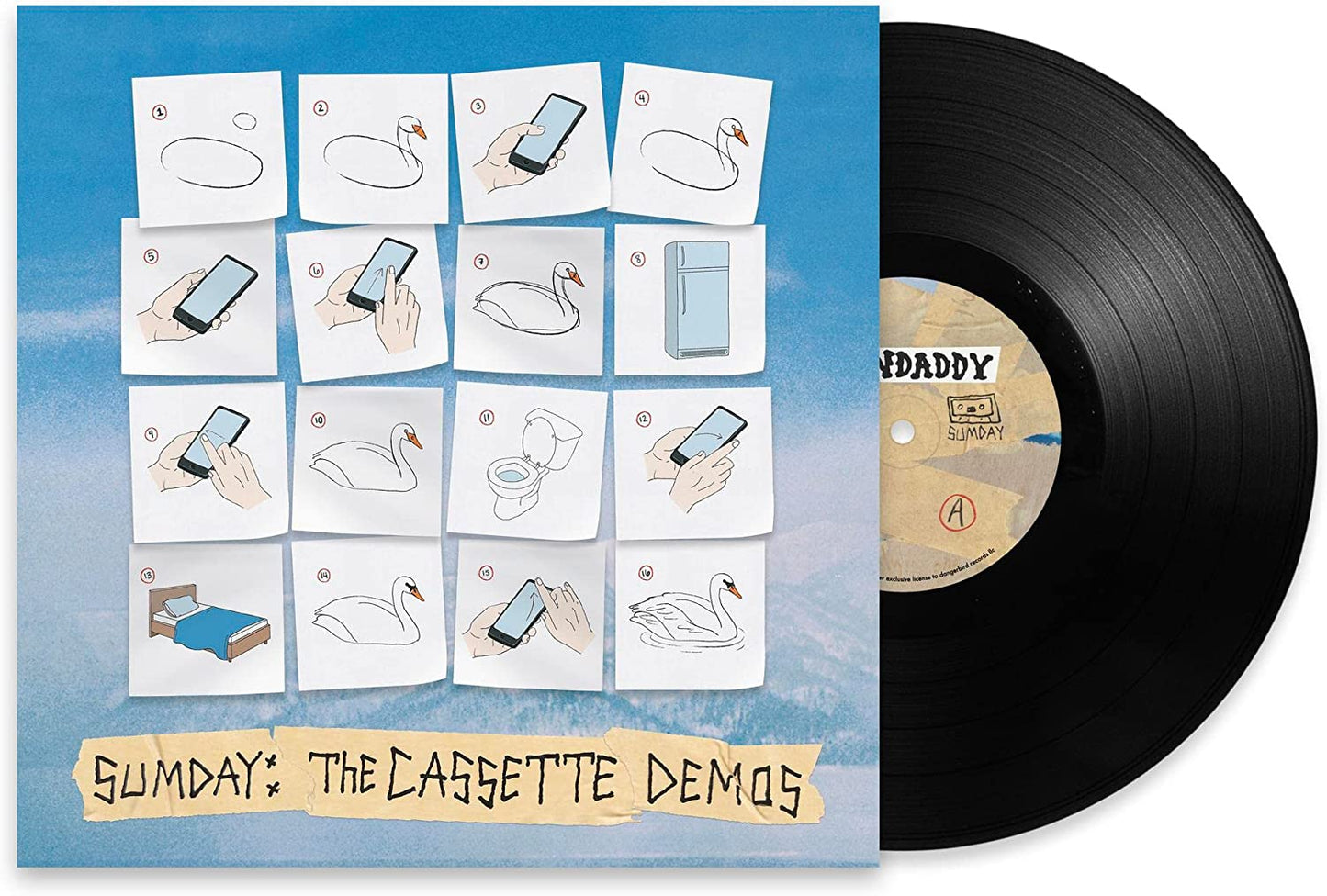 Vinyl record and cover art featuring a grid of numbered drawings on blue background.