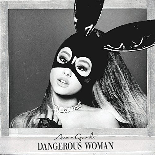 Black and white album cover of Ariana Grande wearing a bunny mask.