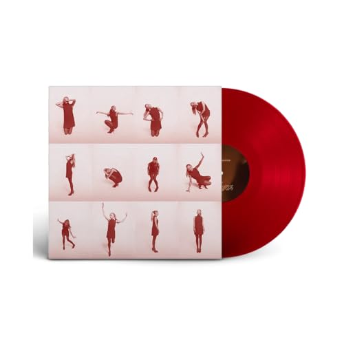 Red vinyl record with album cover featuring repeating images of a person.