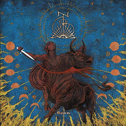 CD cover: Mythological illustration of a man riding a bull with a dagger.