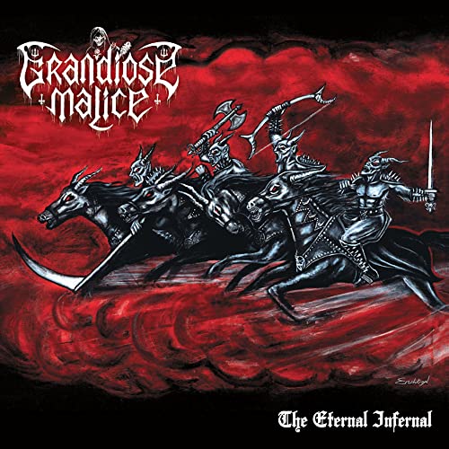Dark fantasy album cover depicting armored figures riding demonic horses.