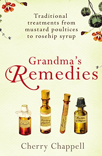 Book cover: "Grandma's Remedies" with vintage medicine bottles and floral details.