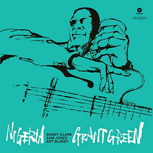 Black line drawing of Grant Green playing guitar on a teal background.