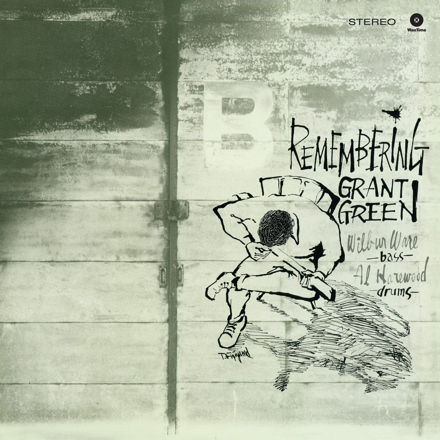 Grant Green “Remembering” vinyl album cover with sketched figure and text.