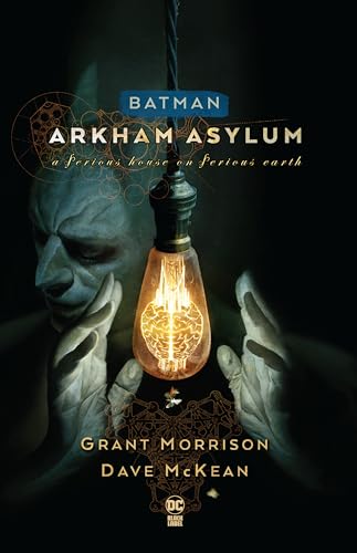 Book cover: Batman, Arkham Asylum, glowing brain inside a lightbulb.