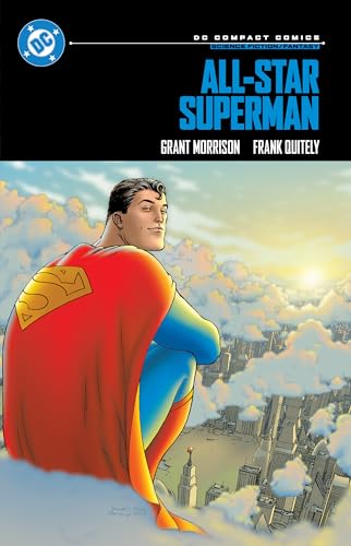 Superman sits amongst clouds overlooking a city, book cover art.