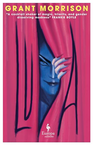 Book cover for Luda by Grant Morrison featuring a blue-faced figure behind pink curtains.